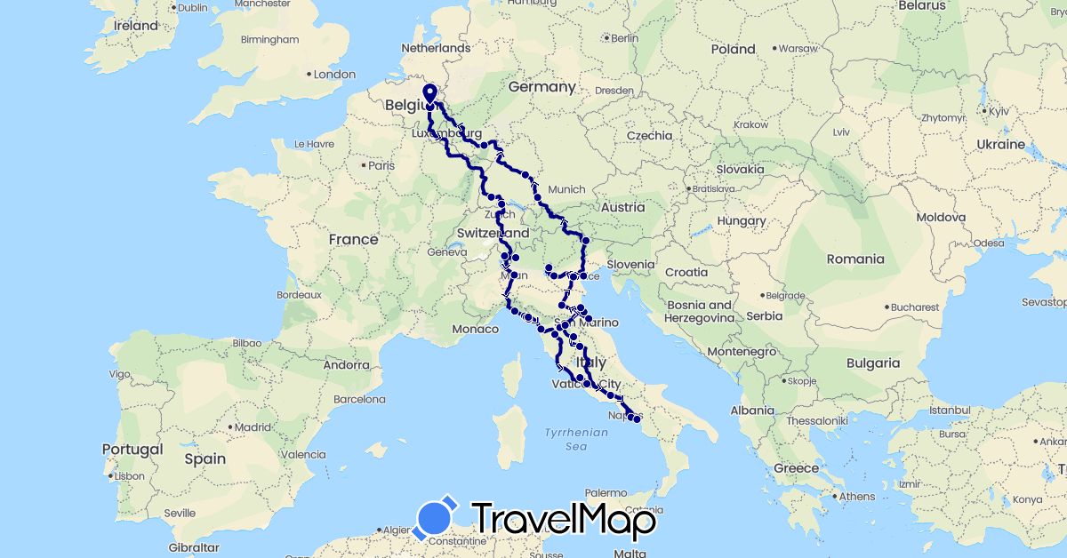 TravelMap itinerary: driving in Belgium, Switzerland, Germany, Italy (Europe)